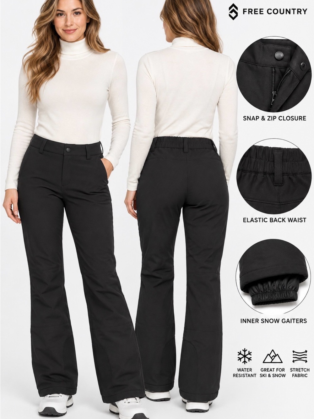 Free Country Women’s M Black Softshell Ski Snow Pants Bootcut Insulated Stretch
